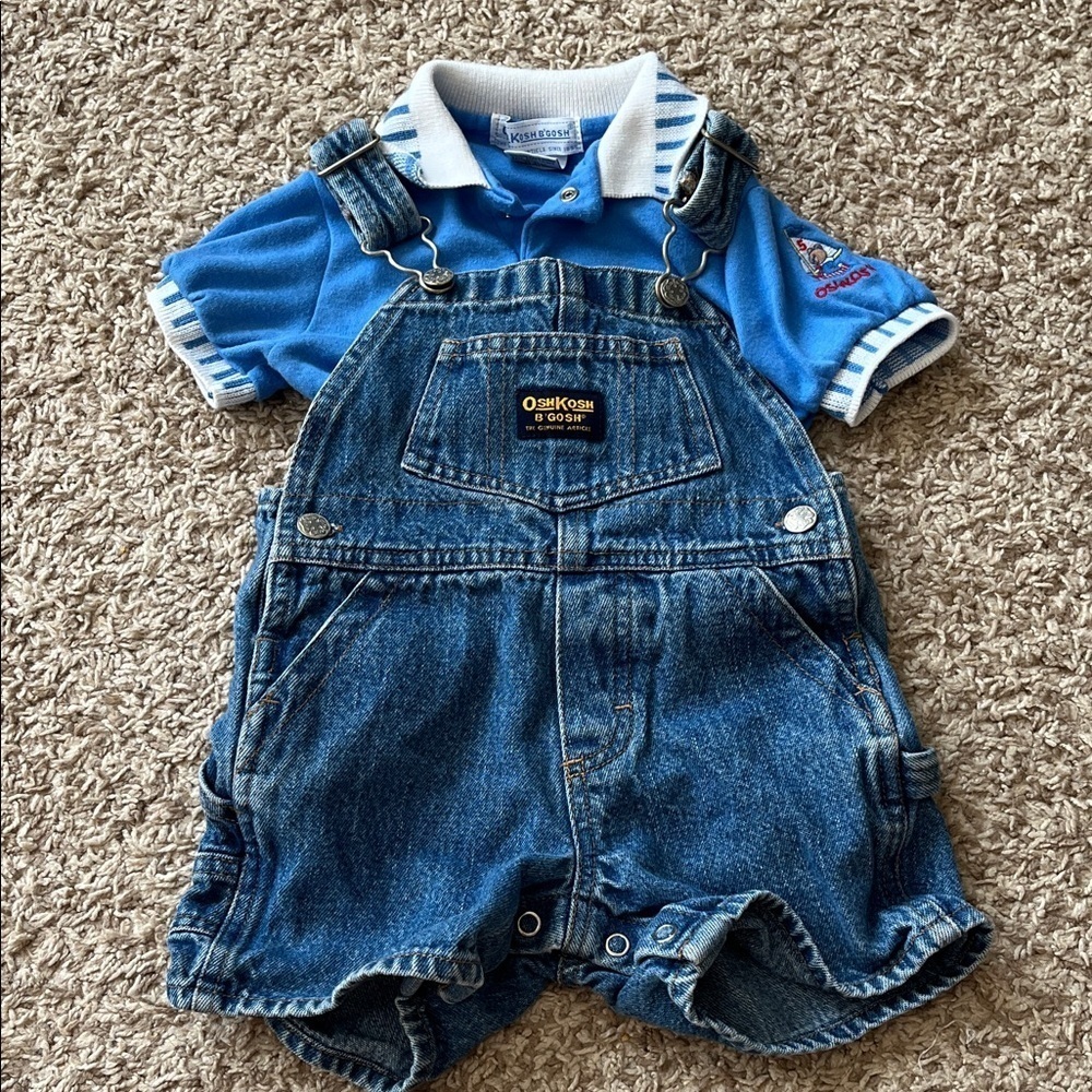 Vintage OshKosh B'gosh Short Sleeve Polo & Denim Shortalls - Size 6-9 Months